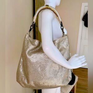 Stunning R&Y Augousti metallic silver embossed leather enamel hardware bronze